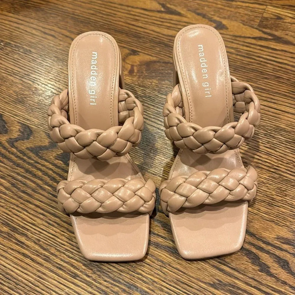 Madden Girl tan faux leather braided strap slip on heeled sandals. Size 8. - Picture 2 of 5